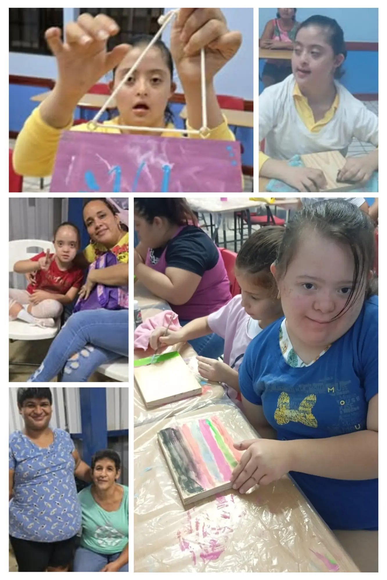 "Collage de jóvenes y adultos de Club de Amigos en talleres de pintura y manualidades, mostrando sus creaciones. Desarrollo y creatividad."