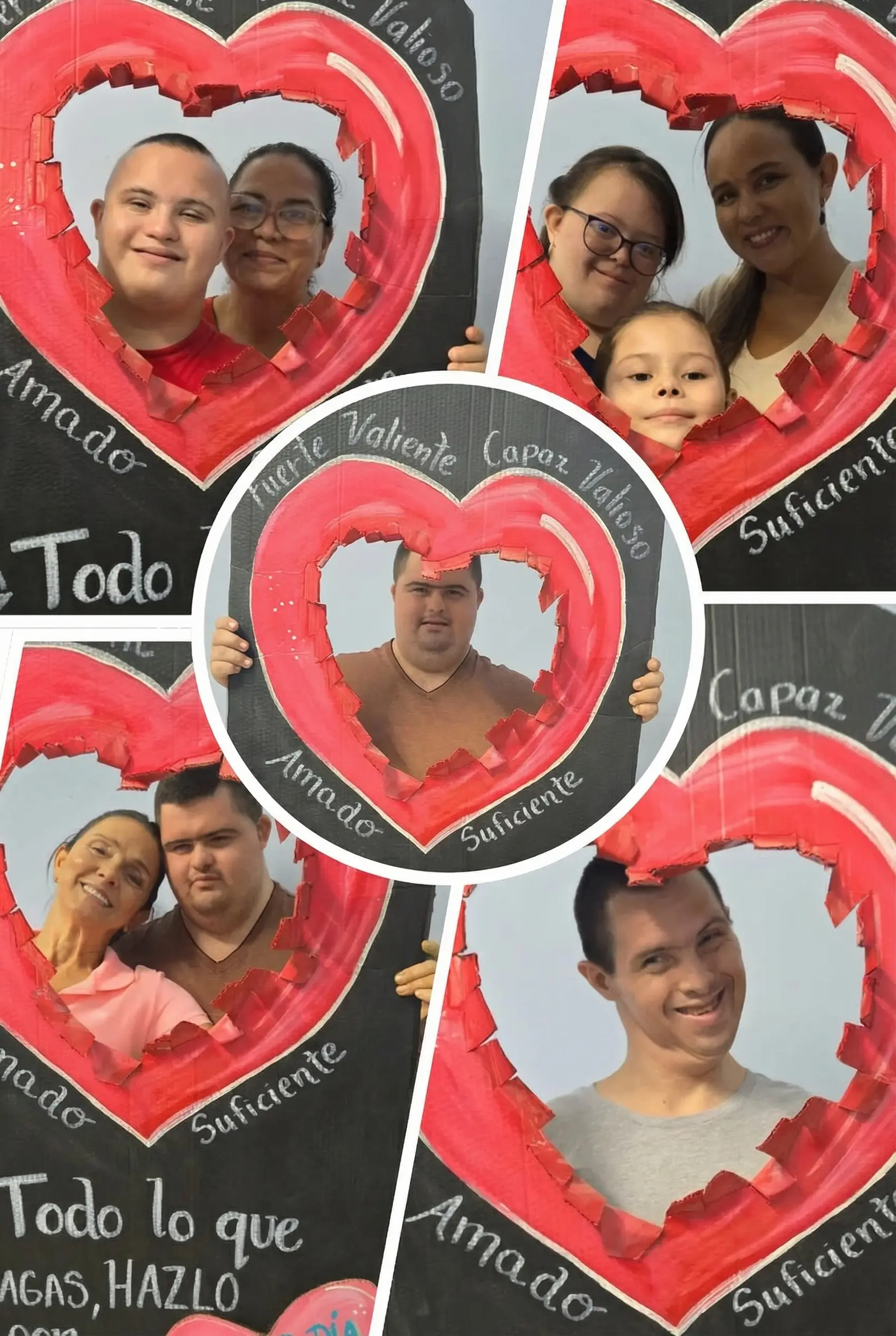 "Collage de jóvenes y cuidadores de Club de Amigos posando con marcos de corazón que dicen 'Amado, Fuerte, Valiente, Capaz'. Inclusión y autoestima."