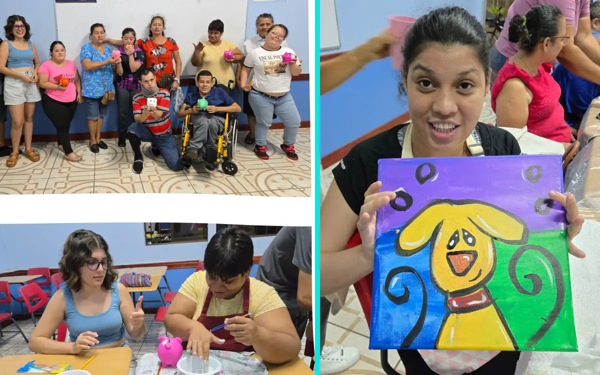 "Grupo de jóvenes y adultos del Club de Amigos disfrutando juntos de una actividad creativa y de esparcimiento, sonriendo y compartiendo en un ambiente inclusivo.
