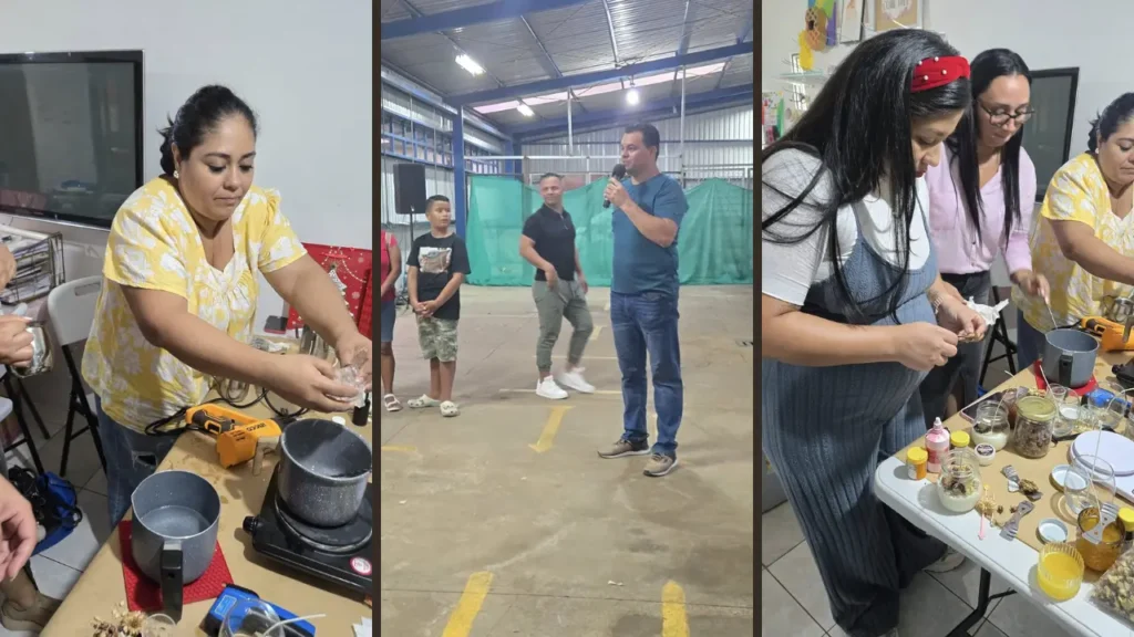 Jóvenes adultos de Club de Amigos preparando diversos materiales para un taller de manualidades y arte. Colaboración y creatividad."